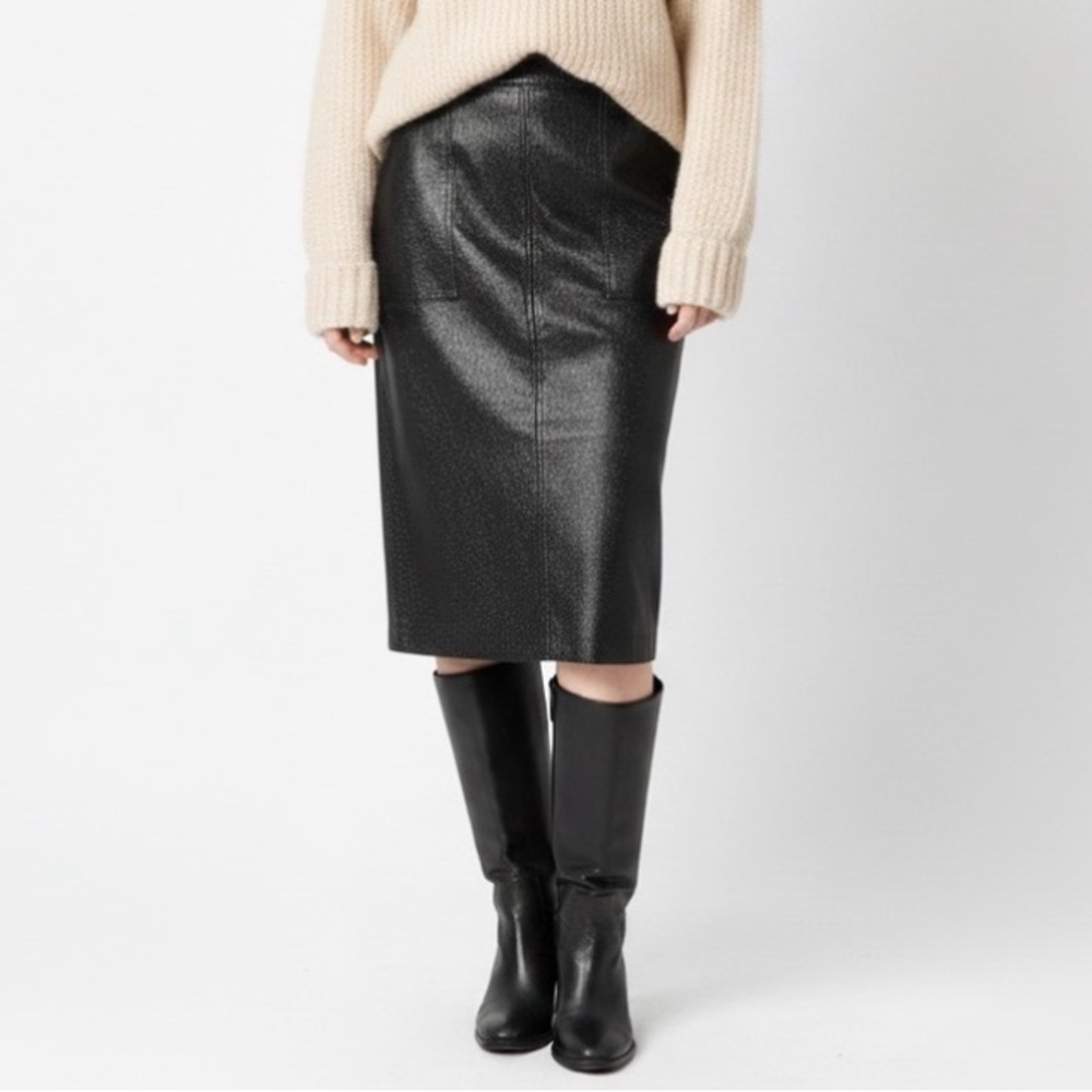 Made in Italy ELEONORA AMADEI Black Faux Leather Rayon Mixed Media Pencil Skirt